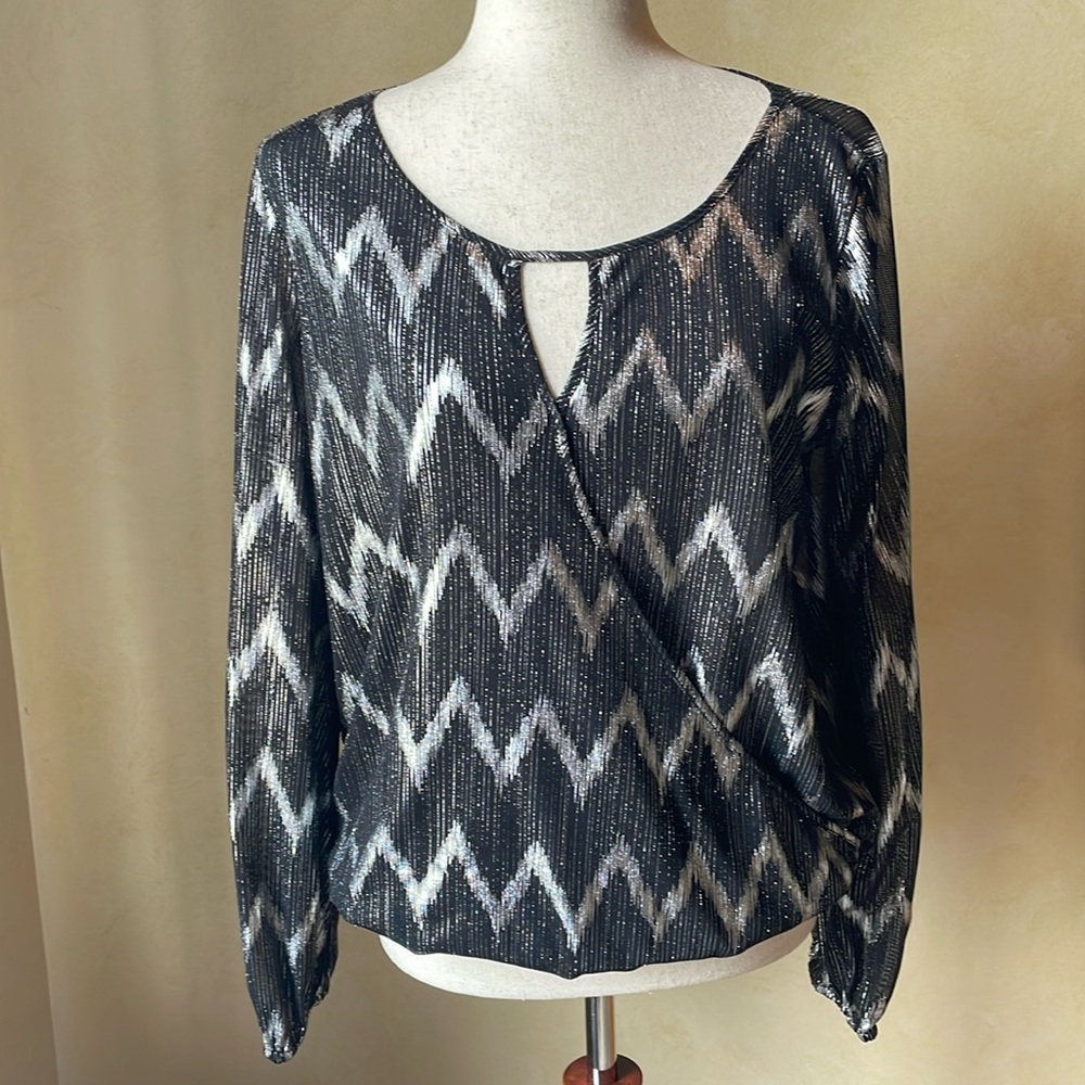 Anthro Black Metallic Silver Semi Sheet Wrap Cross Front Blouse